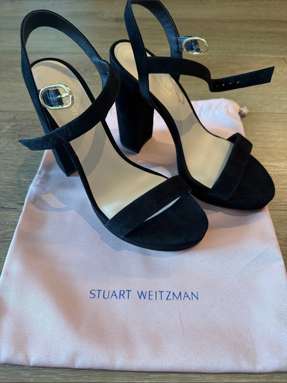 Stuart Weitzman Black Suede Block Heel Sandals with Gold Buckles